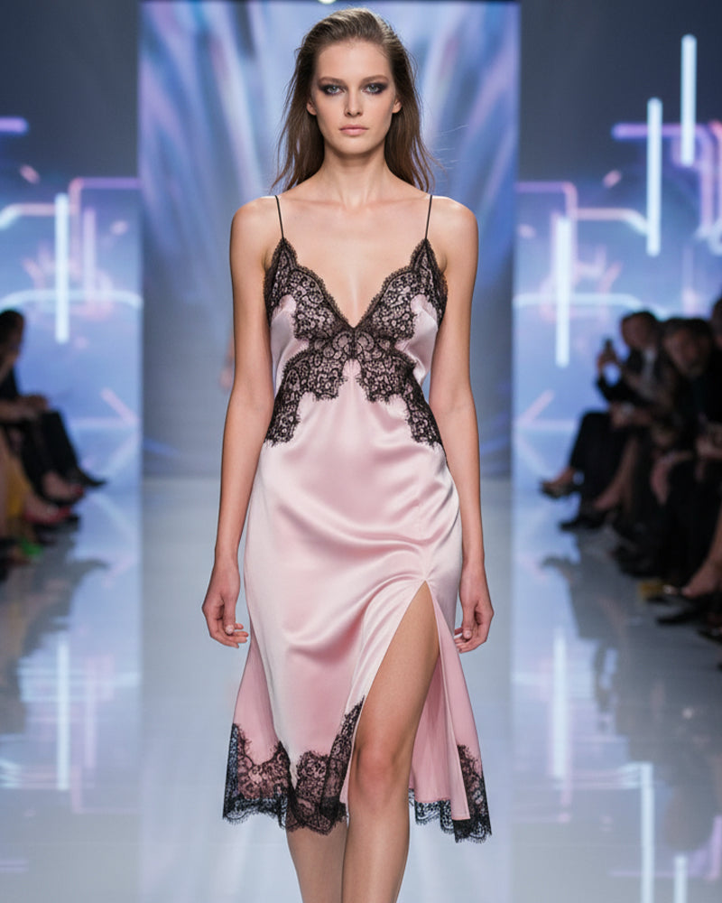 Pink mulberry silk slip dress with lace trim, spaghetti straps, V neckline, front slit