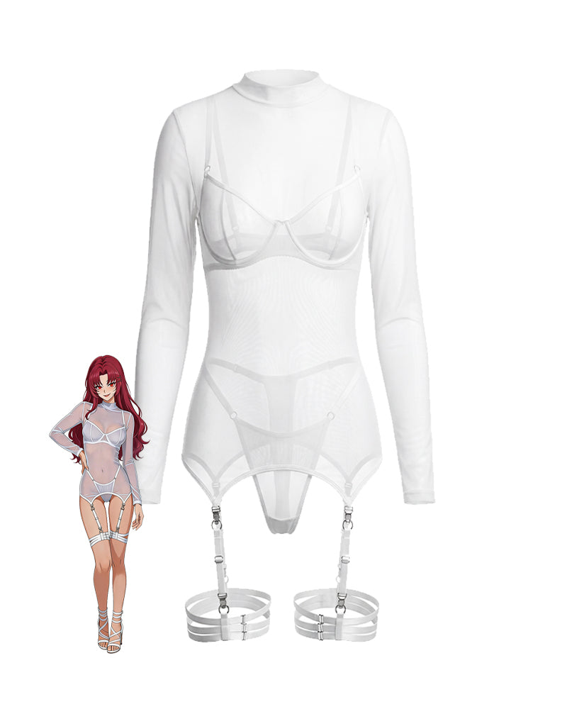 White long-sleeve mesh corset set with garter straps and matching bottoms