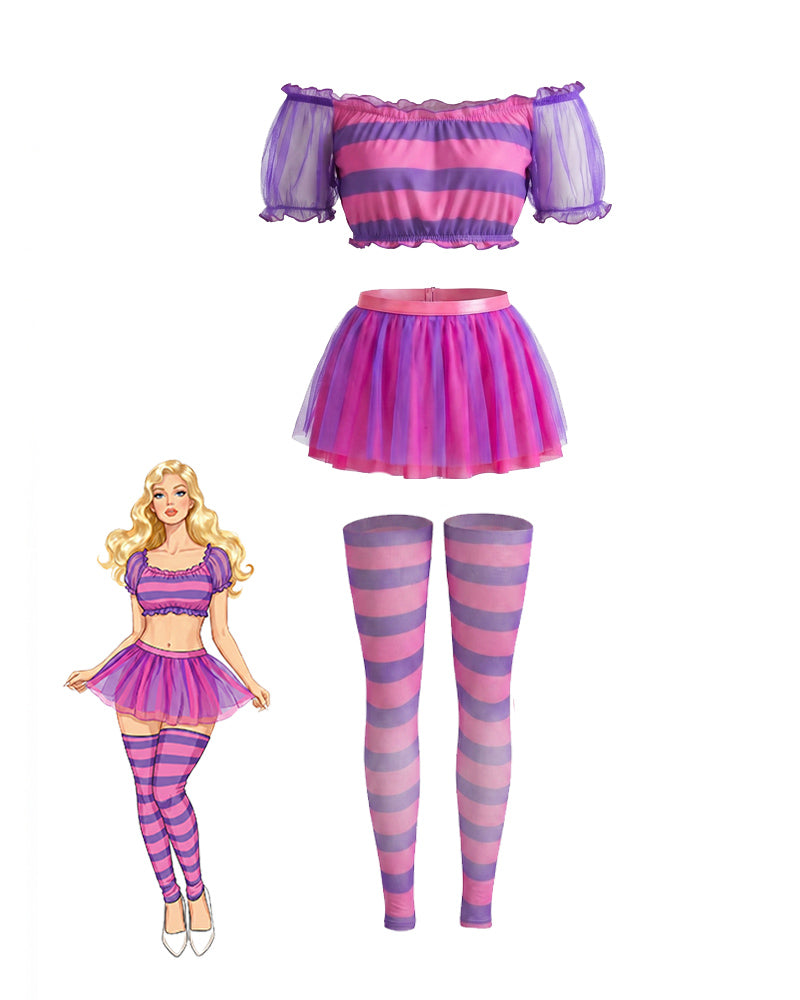 Purple striped puff-sleeve crop top with tutu skirt and striped thigh-high stockings