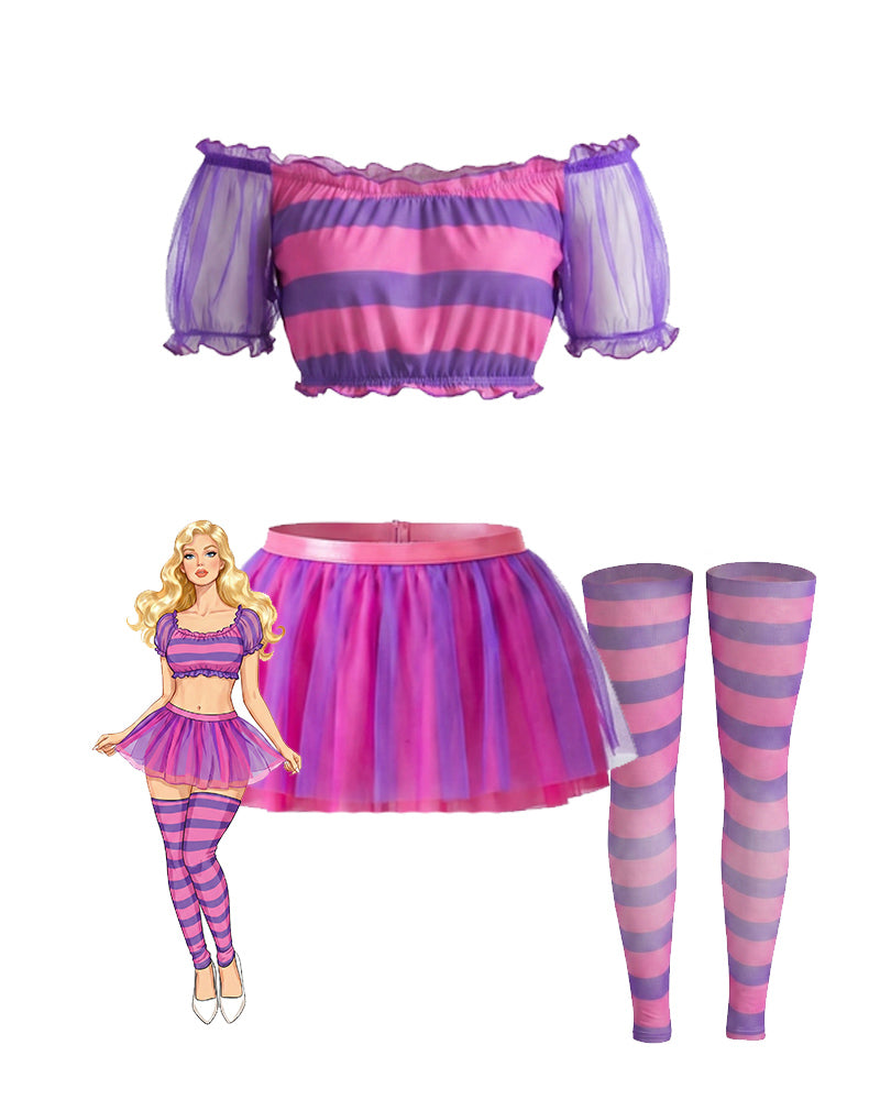 Purple striped puff-sleeve crop top, tutu skirt, and striped thigh-high stockings