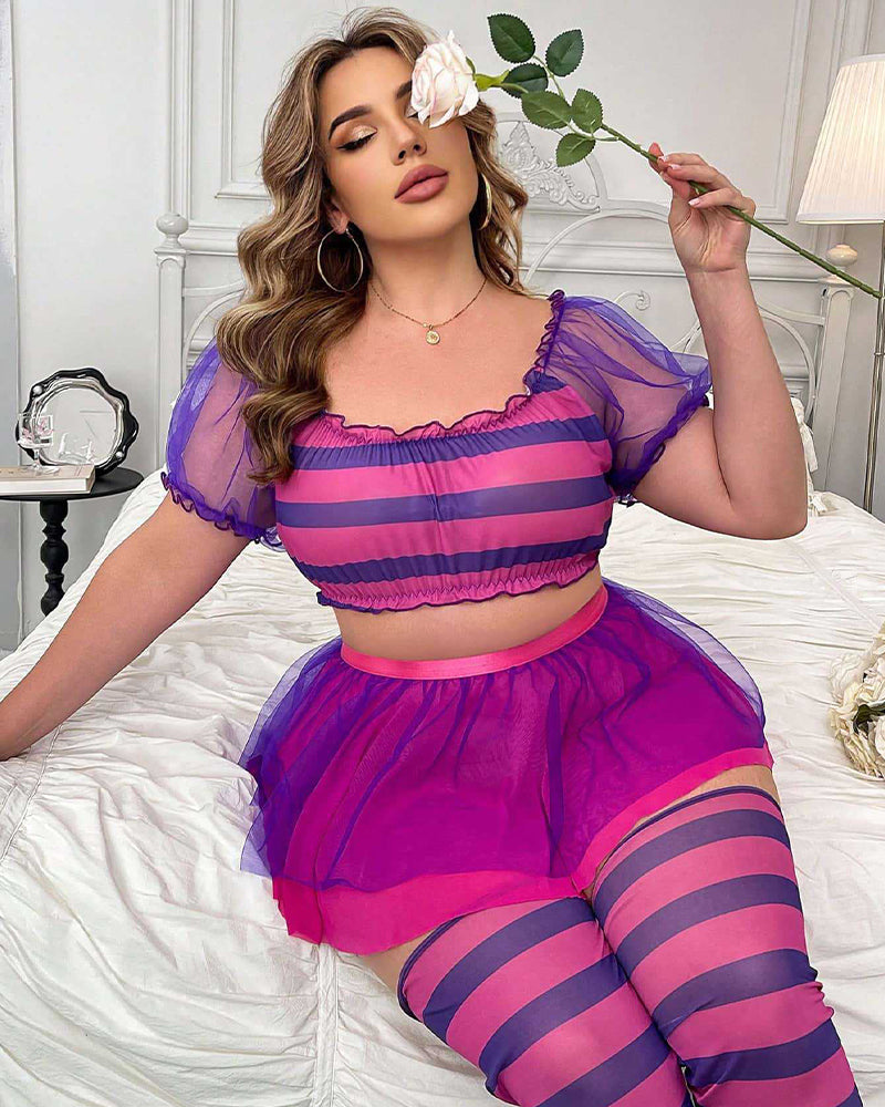 Purple striped puff-sleeve crop top and tutu skirt with matching striped stockings