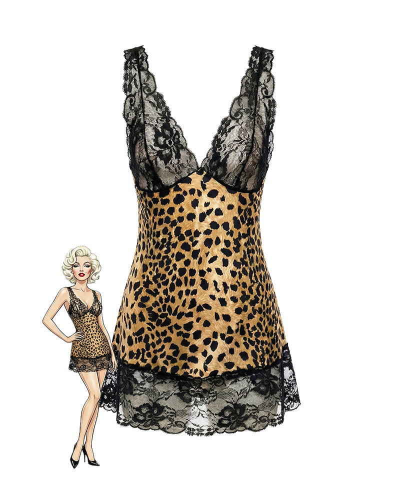 Leopard print lace chemise nightgown with sheer V-neck and black lace trim