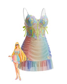 Rainbow floral lace babydoll mini dress with ruched satin and ruffle hem