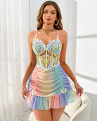 Rainbow floral lace babydoll mini dress with sweetheart neckline and ruched skirt