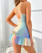 Rainbow floral lace babydoll mini dress with spaghetti straps and ruffled hem