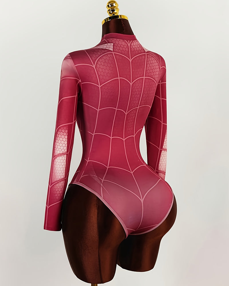 Pink long-sleeve bodysuit with spiderweb pattern, high back and cheeky fit.