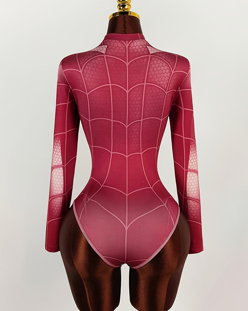 Pink long-sleeve spiderweb bodysuit with cutout back and high-waist thong cut.