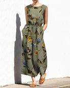 Army green printed sleeveless jumpsuit with elastic waist and wide legs