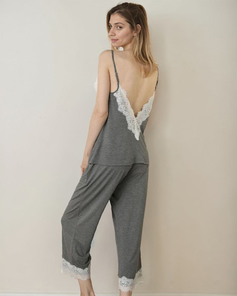 Grey camisole and pajama pants set with white lace trim at neckline and cuffs