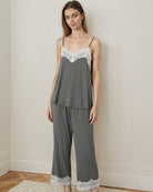 Grey camisole pajama set with lace-trim scoop neckline and cropped wide-leg pants