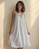 White cotton-linen nightdress with lace-trim V neckline and spaghetti straps
