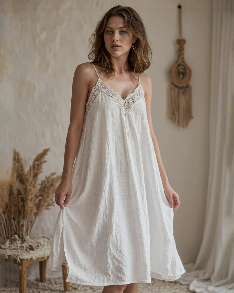 White cotton-linen nightdress with lace-trim neckline and flowy A-line shape