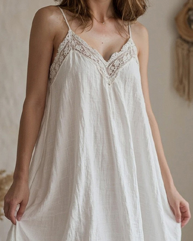 White nightdress bodice with lace V neckline and spaghetti straps