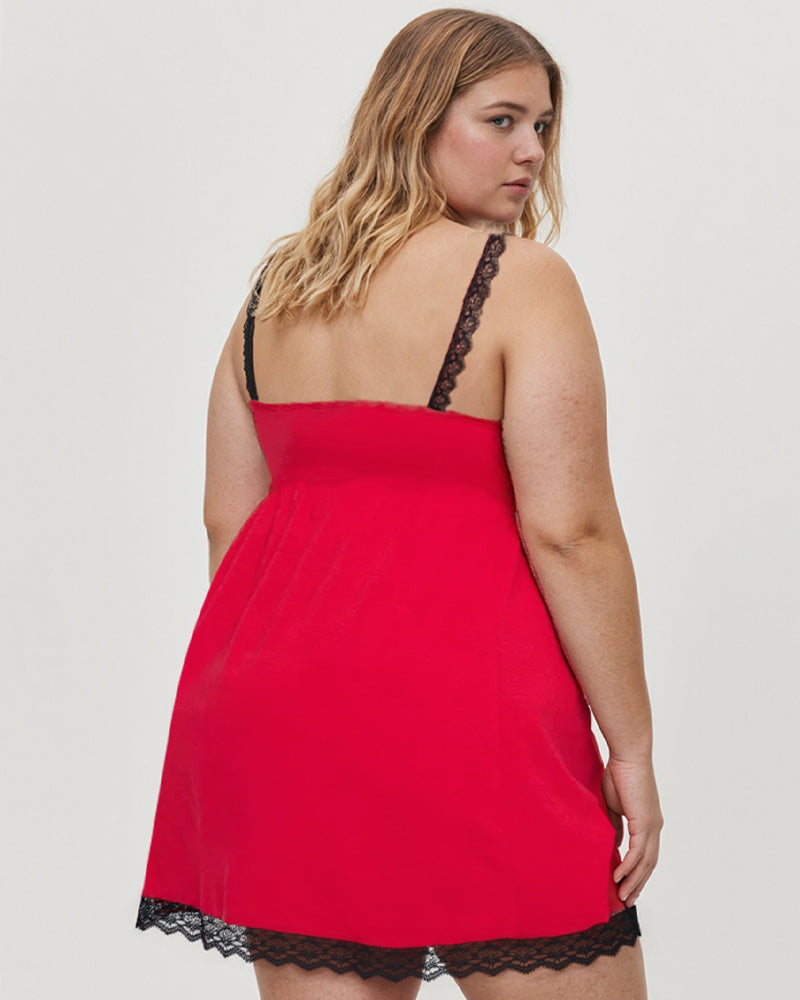Red plus-size chemise, racerback straps with black lace trim at hem and sides