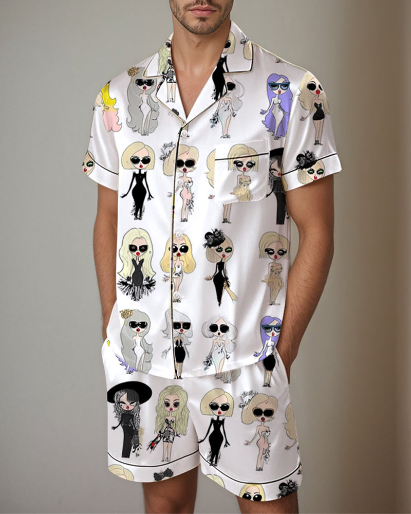 Satin pajama set with white fabric and illustrated figure print short-sleeve shirt
