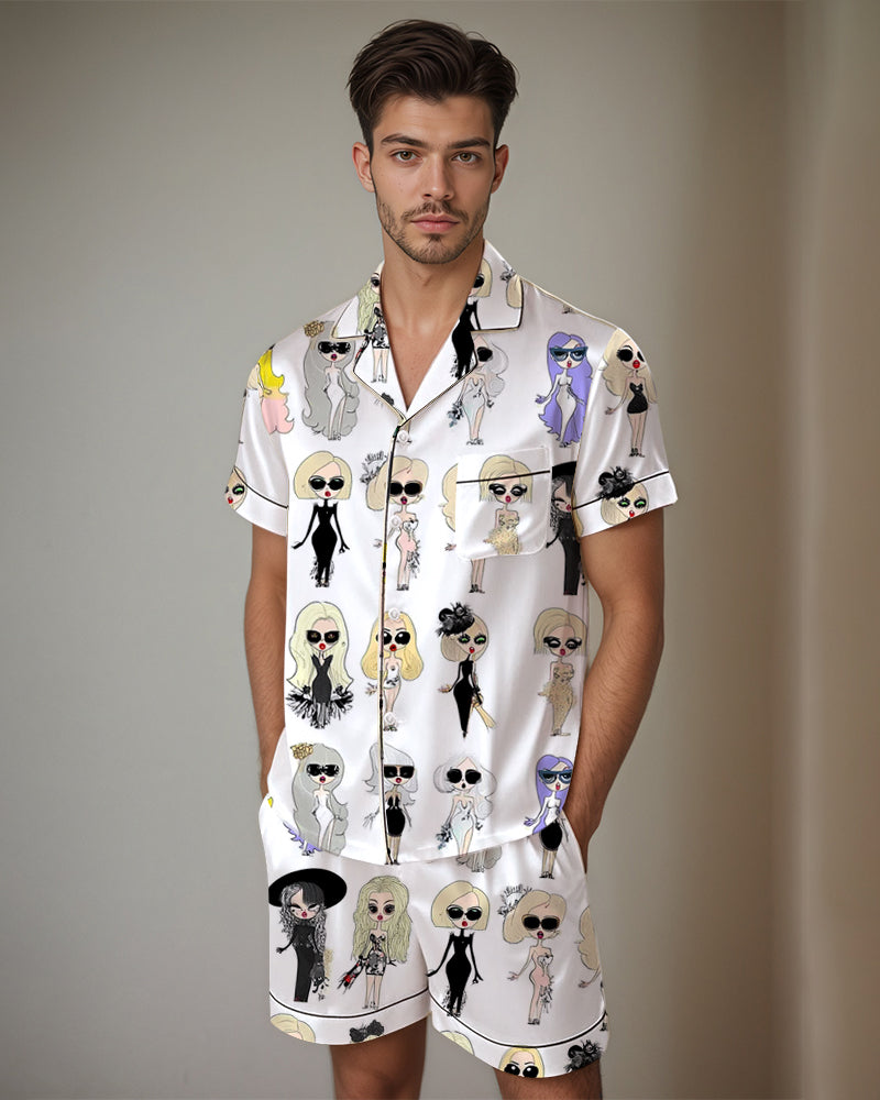Satin pajama set with illustrated figure print short-sleeve button-up shirt and shorts