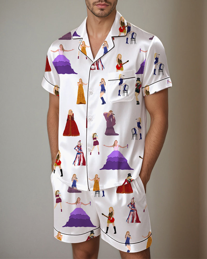 Satin pajama set with colorful fashion-scene print short-sleeve shirt and shorts