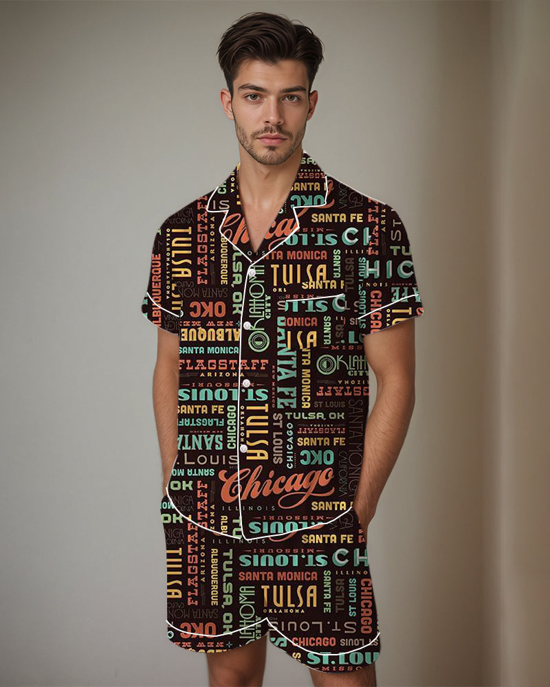 Men’s satin pajama set with dark retro city-word graffiti pattern, short-sleeve collar shirt and shorts