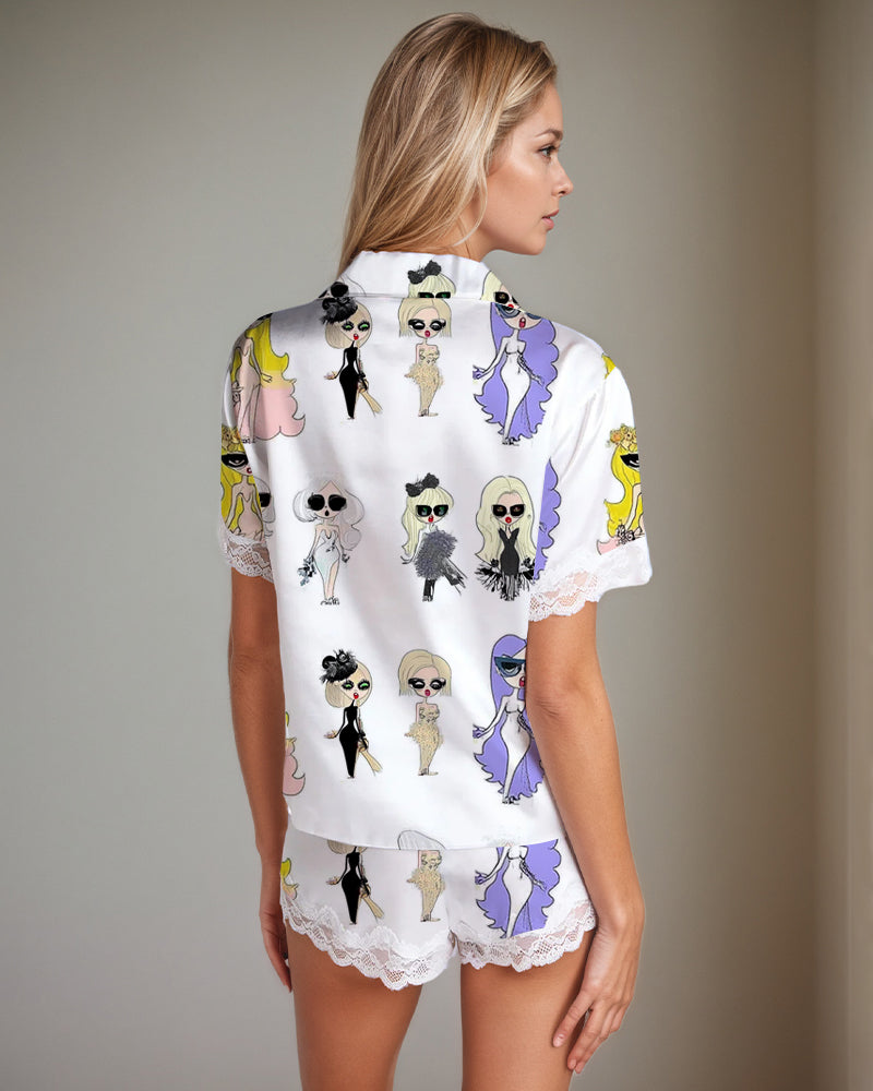 Women’s satin pajama set with illustrated girl print back top and lace-trim shorts