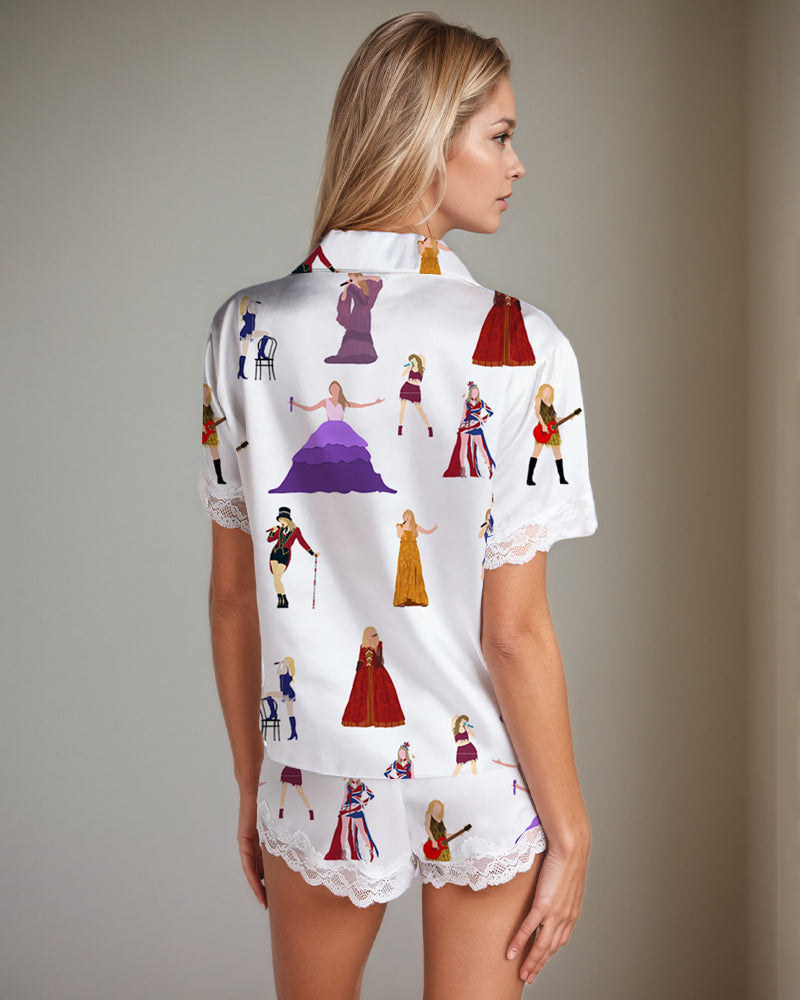 Women’s satin pajama set with illustrated print back top and lace-trim shorts