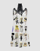 Satin suspender pajama chemise with black lace yoke and illustrated girl pattern