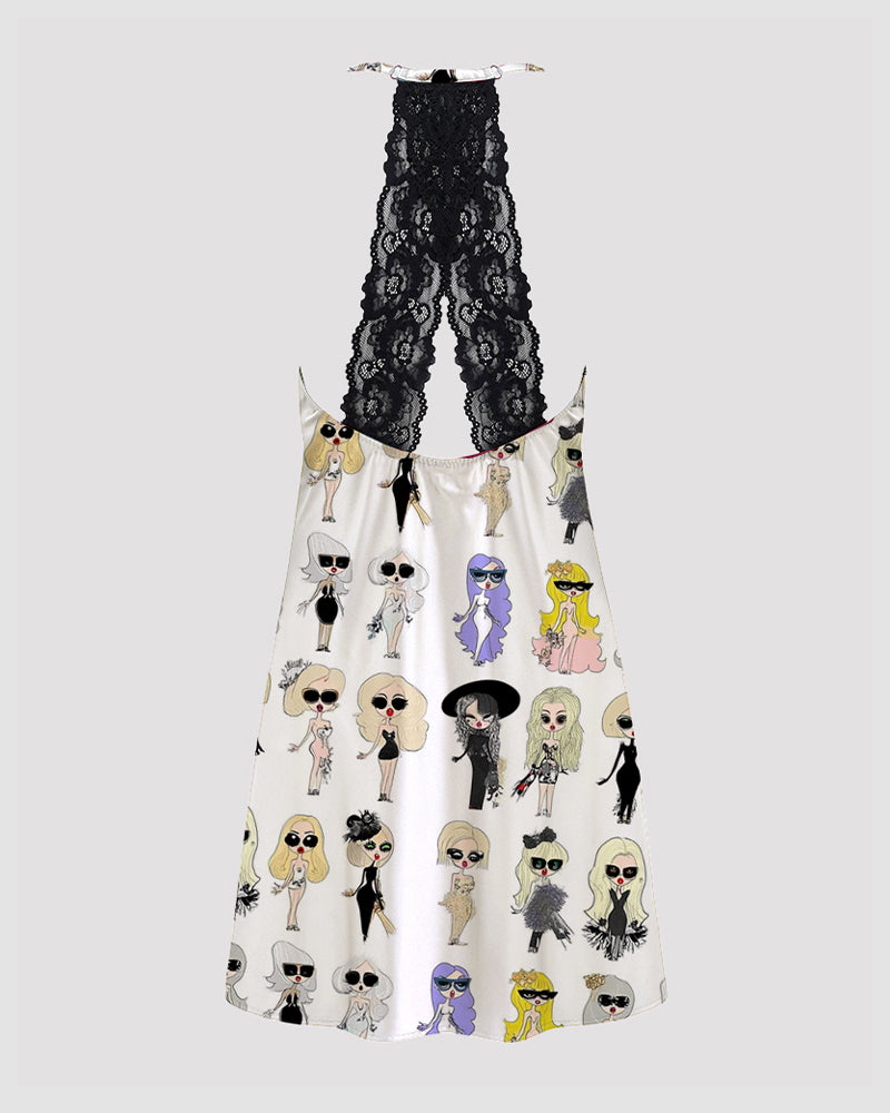 Satin suspender pajama chemise with black lace yoke and illustrated girl pattern skirt
