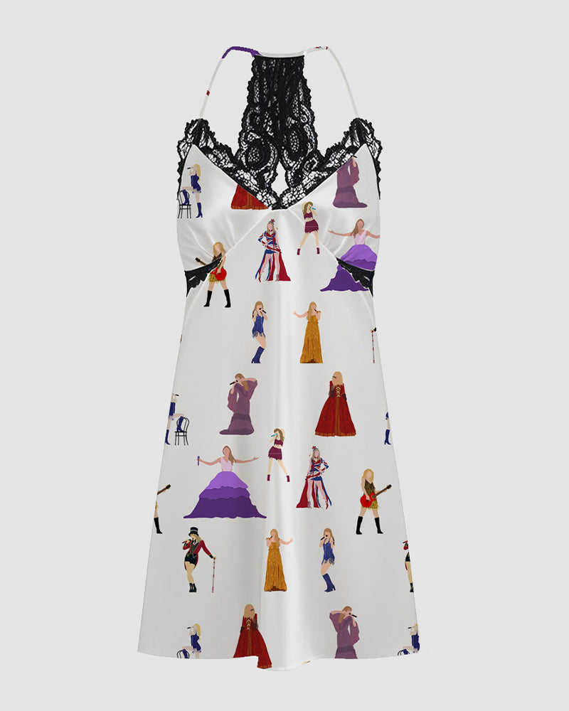Satin suspender pajama chemise with black lace yoke and colorful people print