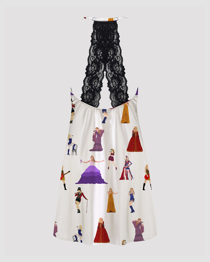 Satin suspender pajama chemise with black lace back yoke and colorful people print skirt