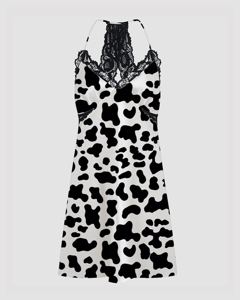 Cow print satin pajama chemise with black lace camisole straps and scoop neckline