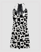 Cow print satin pajama chemise with black lace camisole straps and scoop neckline