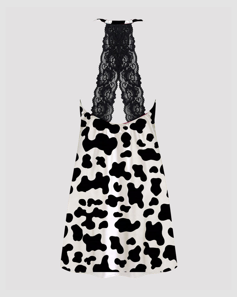 Satin suspender pajama chemise with black lace back yoke and cow print skirt