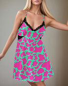 Satin pajama nightdress with black lace trim, neon camo print, pink and green