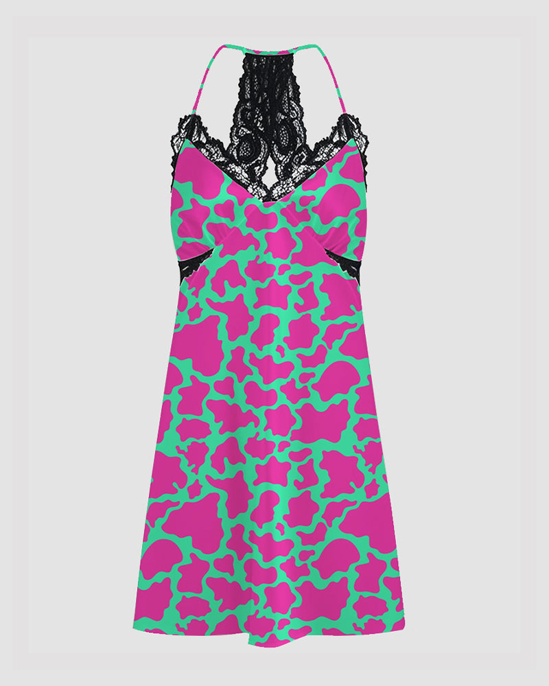 Satin suspender pajama chemise with black lace straps and pink-green camo print