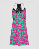 Satin suspender pajama chemise with black lace straps and pink-green camo print