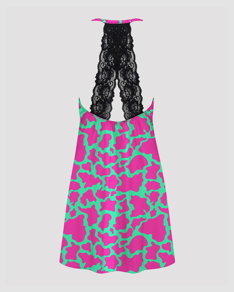 Satin suspender pajama dress with black lace trim, pink and green camouflage print