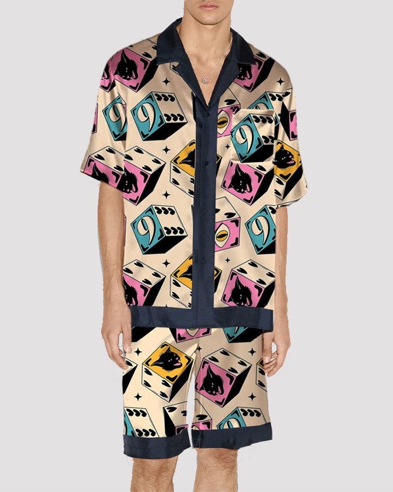 Men's satin pajama set with cat face pattern, short-sleeve button-up and shorts