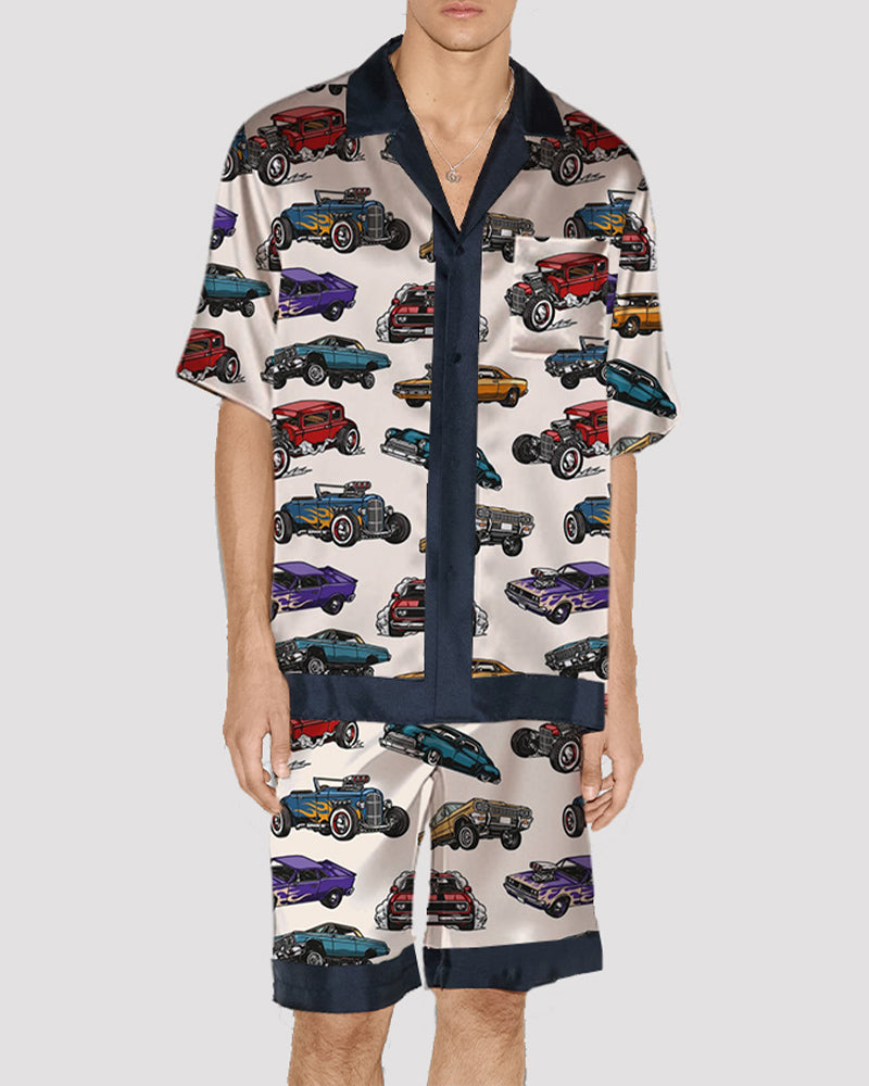 Men's satin pajama set with vintage car print, short-sleeve button-up and shorts