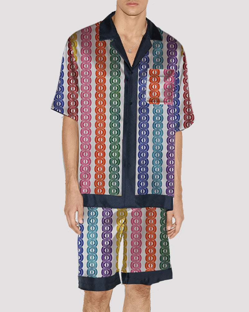 Men's satin pajama set with multicolor ring stripe pattern, button-up shirt and shorts