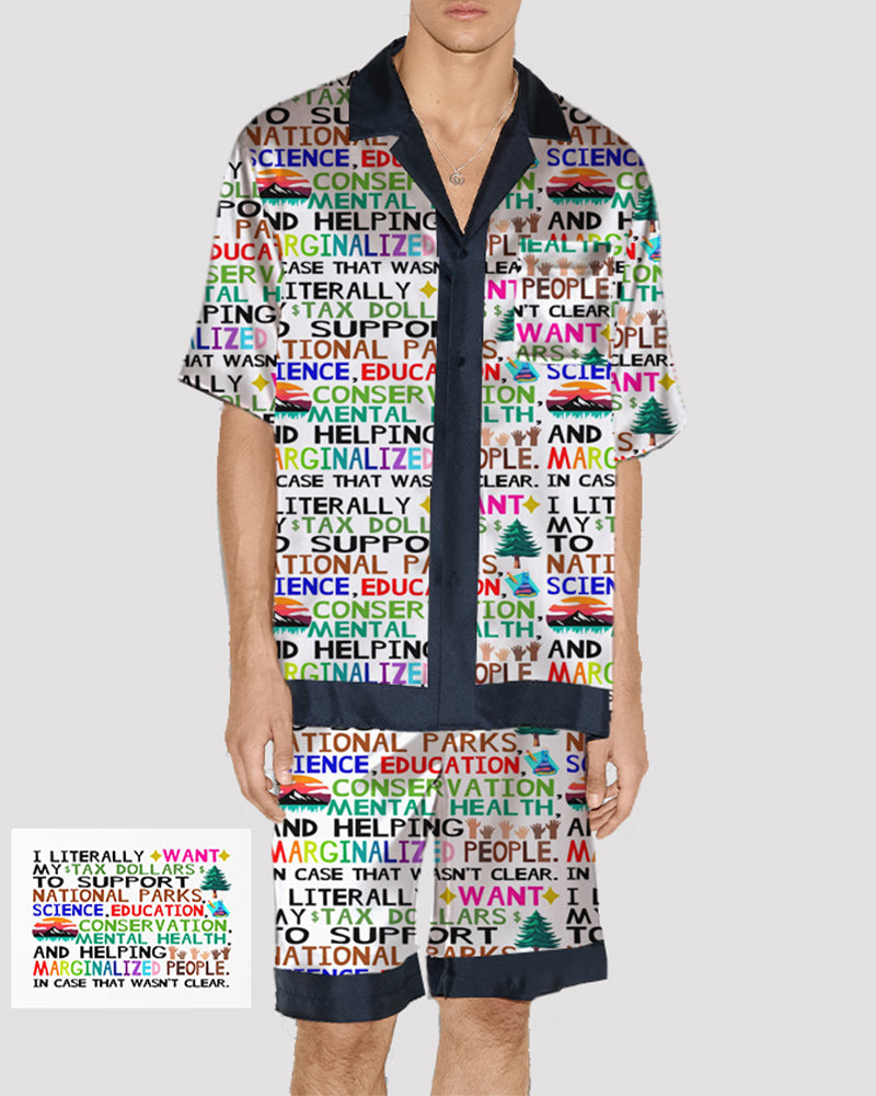 Men's satin pajama set with colorful printed word pattern, button-up shirt and shorts