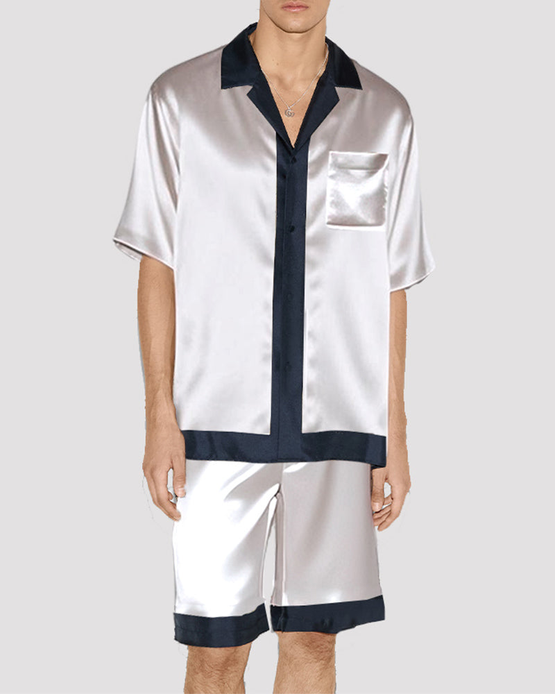 Men's satin pajama set: white shirt with dark collar, button front, pocket and matching shorts