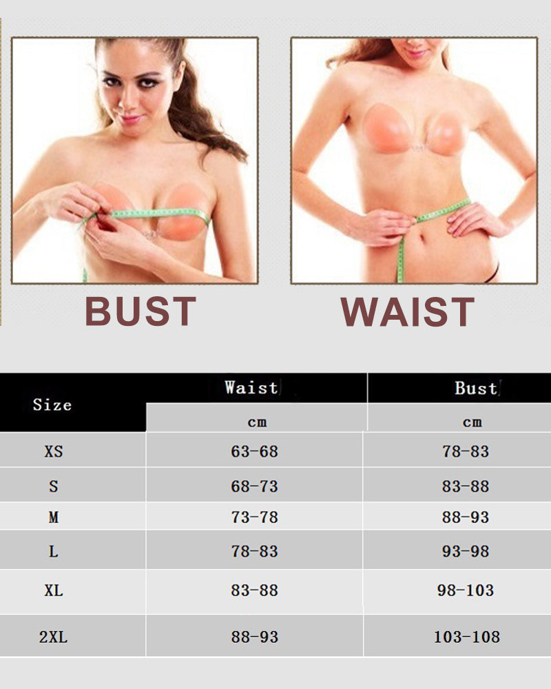 Corset size chart showing waist and bust measurements in cm, sizes XS–2XL