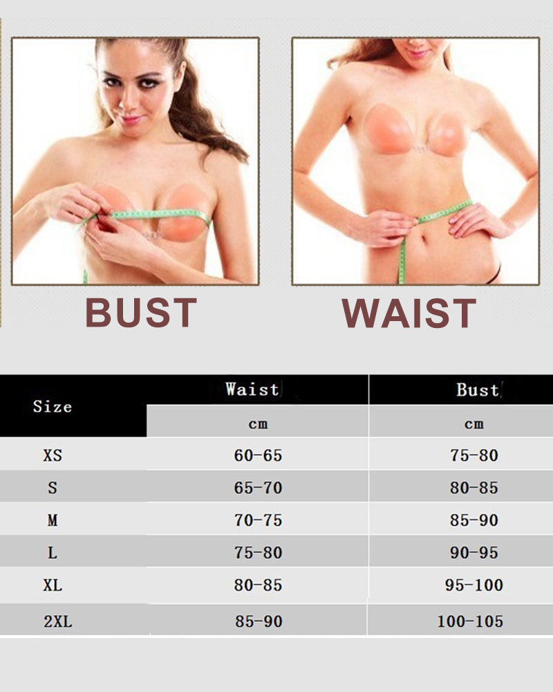 Corset size chart showing bust and waist measurements in cm for XS to 2XL