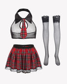 Costume set: black-trim halter, red plaid pleated mini skirt, and fishnet stockings