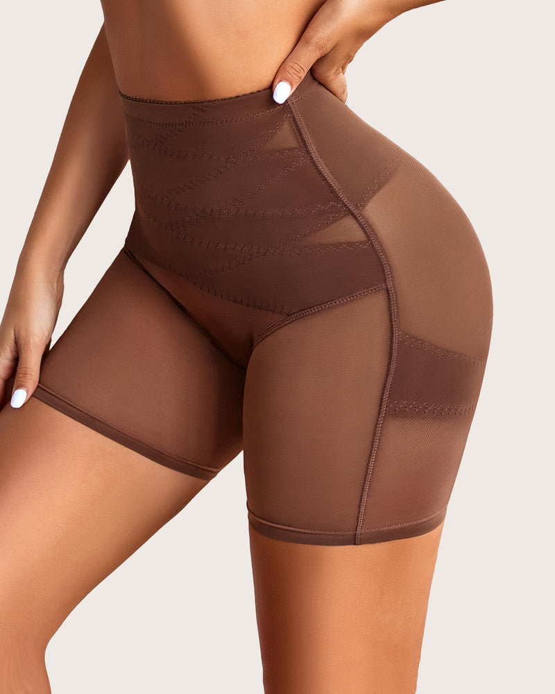 Brown shapewear shorts with sheer mesh panels and curved butt padding
