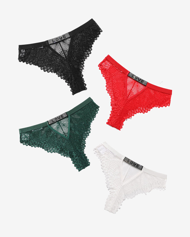 Lace panty set: black, red, green, and white lace with scalloped edges and elastic waistband