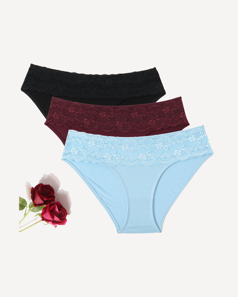 High-cut lace hipster panties, assorted set: black, burgundy, and light blue.
