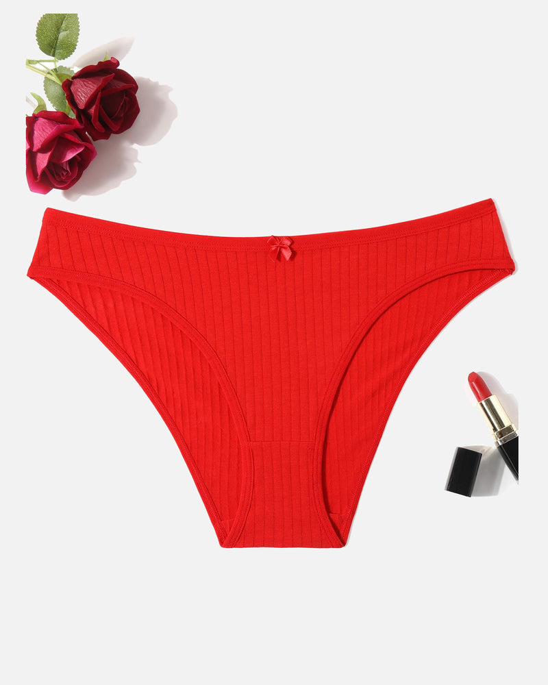 Cotton ribbed hipster panties in red, bow-detail mid-rise