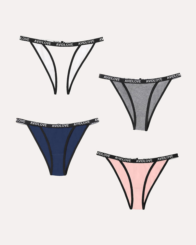 Cotton string panties set of 4, white, gray, navy blue, and blush pink