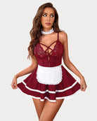 Burgundy lace maid babydoll with white frilled apron and crisscross straps