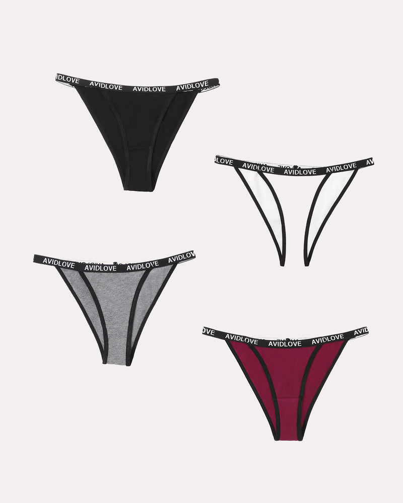Cotton string panties set of 4, thong styles: black, white, gray, and maroon